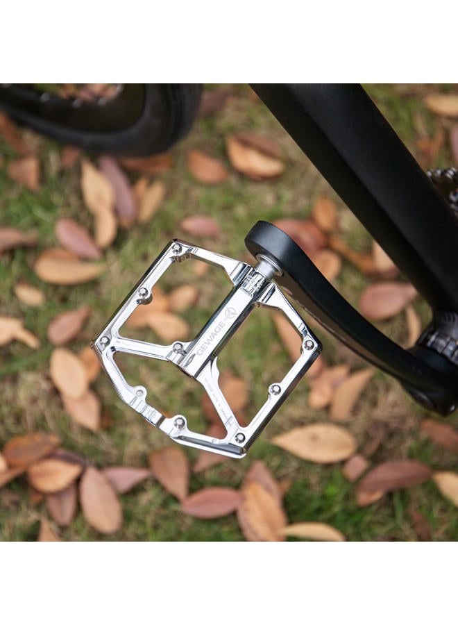 GEWAGE Road/Mountain Bike Pedals - 3 Bearings Bicycle Pedals - 9/16” CNC Machined Flat Pedals with Removable Anti-Skid Nails (Silver) - Image 2