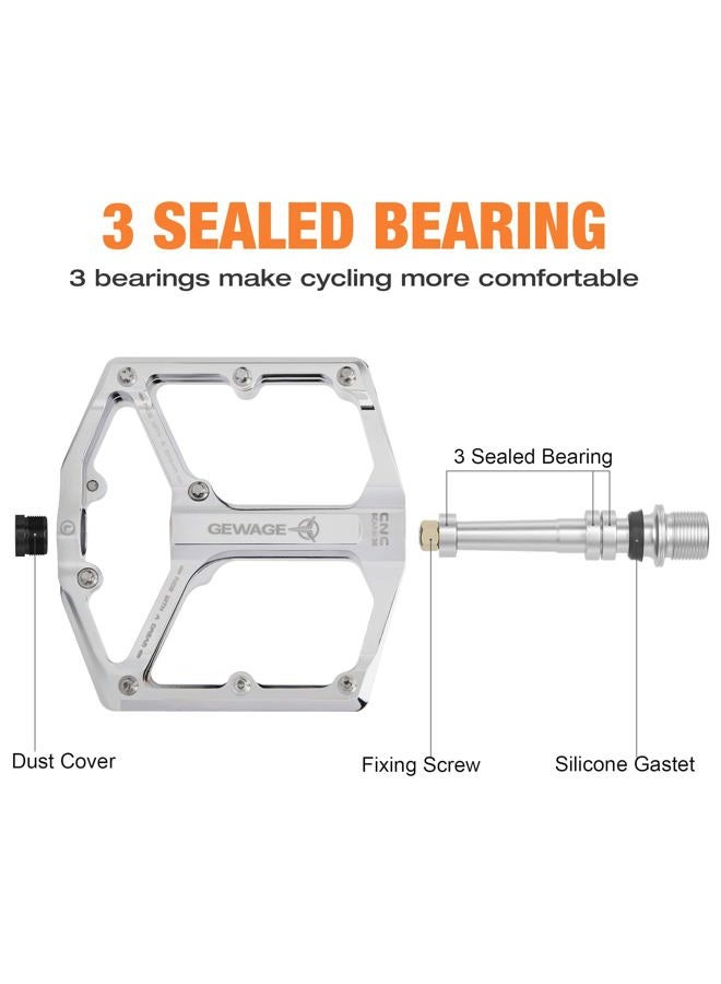 GEWAGE Road/Mountain Bike Pedals - 3 Bearings Bicycle Pedals - 9/16” CNC Machined Flat Pedals with Removable Anti-Skid Nails (Silver) - Image 4