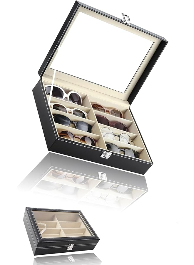 The Bros Black Leather Sunglass Organizer - 8-Slot Eyewear Display Case and Storage Box - Image 1