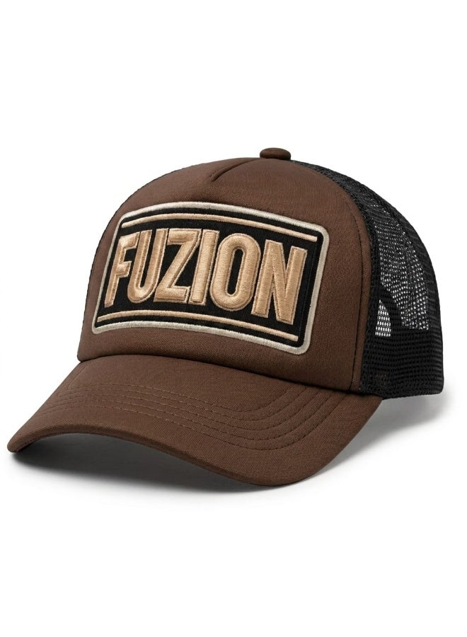 FUZION Brown & Black Mesh Trucker Cap – Bold 3D Embroidered Logo – Adjustable Unisex Fit