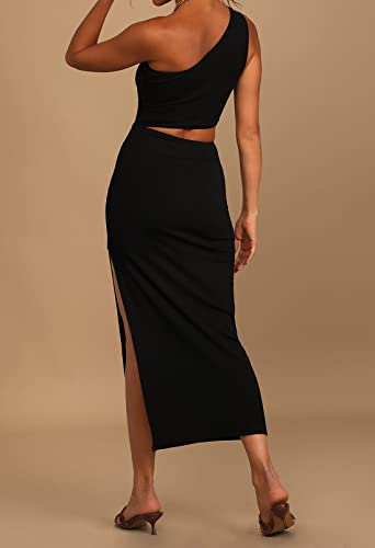 Pink Queen Women's Summer One Shoulder Sleeveless Cutout Side Slit Bodycon Midi Long Party Dress Black M - Image 3
