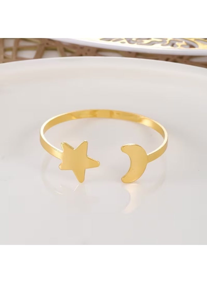 حلقات مناديل لتزيين طاولة الطعام، 6 قطع من حاملات المناديل المعدنية على شكل هلال ونجمة - حلقات مناديل رمضانية لتزيين طاولة الطعام في عيد الفطر وحفلات رمضان والأعياد الإسلامية وحفلات الزفاف (ذهبي-هلال) - Image 1