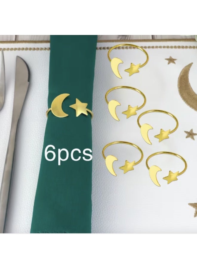حلقات مناديل لتزيين طاولة الطعام، 6 قطع من حاملات المناديل المعدنية على شكل هلال ونجمة - حلقات مناديل رمضانية لتزيين طاولة الطعام في عيد الفطر وحفلات رمضان والأعياد الإسلامية وحفلات الزفاف (ذهبي-هلال) - Image 4