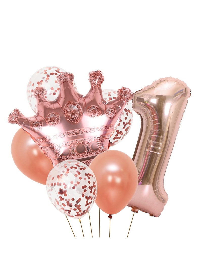 8-piece set for 1th birthday party anniversary decoration party supplies including rose gold number 1 balloons, rose gold crown foil balloon set, 12-inch sequin balloons, 12-inch rose gold balloons 
