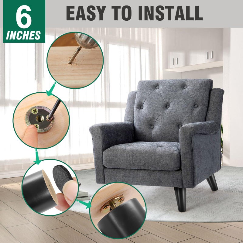 Fodau770 Black Rubber Wood Furniture Legs 6 Inches, Slant Tapered Wood Legs Mid Century Sofa Legs Set Of 4, 5/16"" Unc Furniture Feet Replacement Legs For Cabinet Sofa Couch Dresser Chair Ottoman Table - Image 4