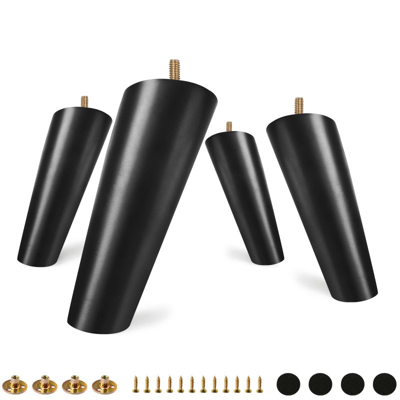 Fodau770 Black Rubber Wood Furniture Legs 6 Inches, Slant Tapered Wood Legs Mid Century Sofa Legs Set Of 4, 5/16"" Unc Furniture Feet Replacement Legs For Cabinet Sofa Couch Dresser Chair Ottoman Table - Image 1