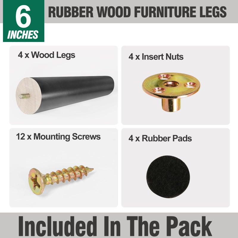 Fodau770 Black Rubber Wood Furniture Legs 6 Inches, Slant Tapered Wood Legs Mid Century Sofa Legs Set Of 4, 5/16"" Unc Furniture Feet Replacement Legs For Cabinet Sofa Couch Dresser Chair Ottoman Table - Image 2