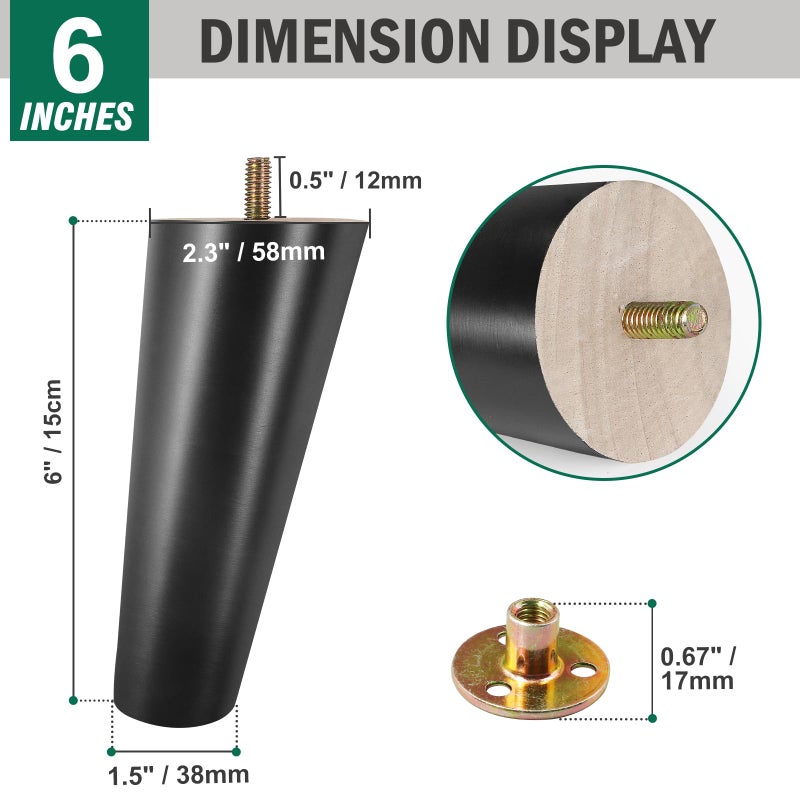 Fodau770 Black Rubber Wood Furniture Legs 6 Inches, Slant Tapered Wood Legs Mid Century Sofa Legs Set Of 4, 5/16"" Unc Furniture Feet Replacement Legs For Cabinet Sofa Couch Dresser Chair Ottoman Table - Image 3