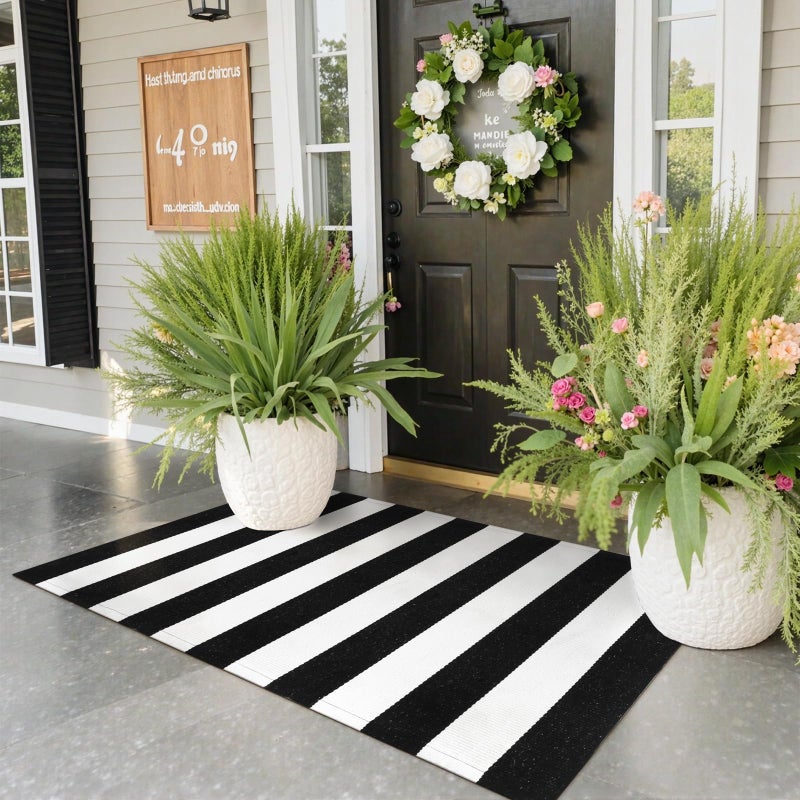 Collive Black and White Outdoor Striped Rug 24x 51 Cotton Woven Front Porch Rug DecorWashable Front Door Rugs Farmhouse Layered Door Mats Outdoor for Entryway Entrance