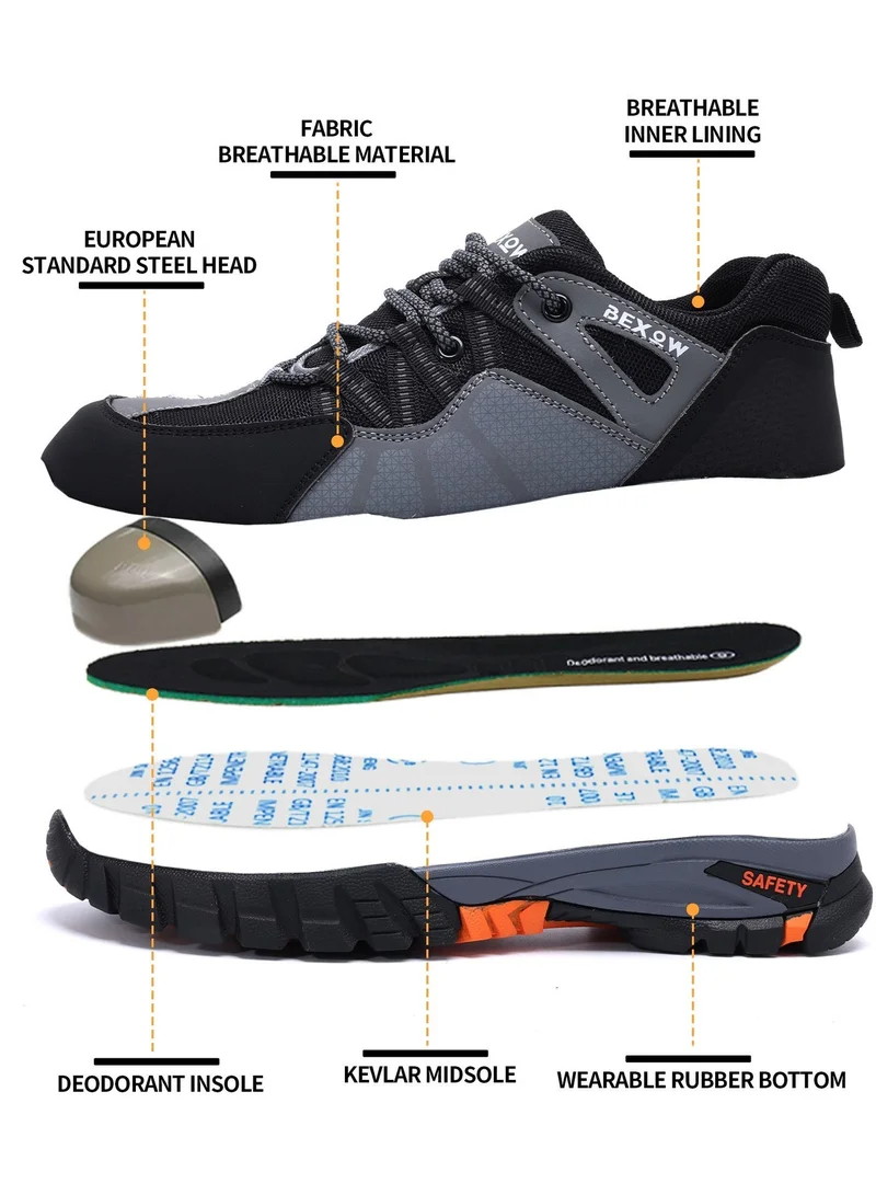 Bexow BEXOW Premium Safety Shoes Steel Toe Lightweight Slip Resistant Breathable Work Sneakers with Kevlar Midsole Anti-Smashing Puncture Proof Comfortable Industrial Footwear for Men and Women