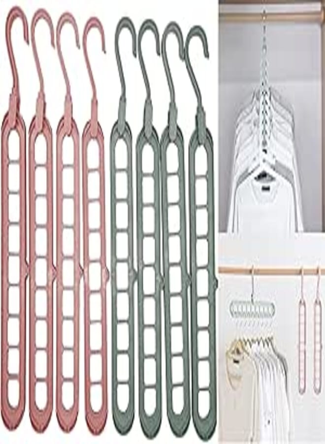 N/C Upgraded 9 Holes Magic Hanger Plastic Clothing Closet Hanger Clothes Hanger 8 Packs (Green & Pink)