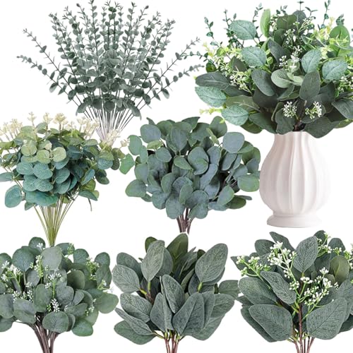 WONICE 120 Pcs 6 Kinds Mixed Eucalyptus Leaves Stems Bulk Artificial Silver Dollar Leaves Picks Dried Eucalyptus Bundle Faux Spray for Wedding Vase Bouquet Decor (Eucalyptus Leaves Stems-120) - Image 1