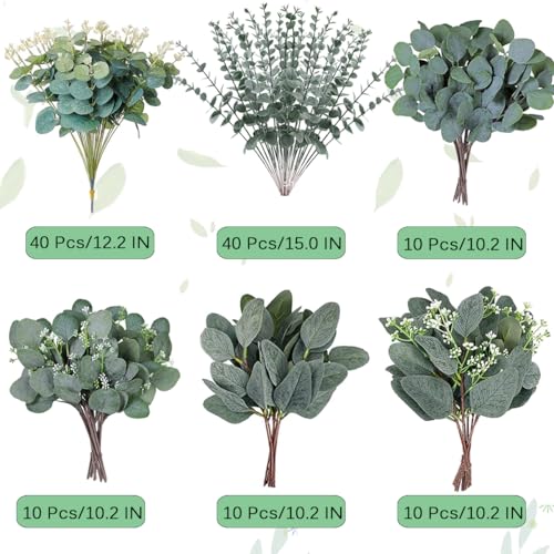 WONICE 120 Pcs 6 Kinds Mixed Eucalyptus Leaves Stems Bulk Artificial Silver Dollar Leaves Picks Dried Eucalyptus Bundle Faux Spray for Wedding Vase Bouquet Decor (Eucalyptus Leaves Stems-120) - Image 3