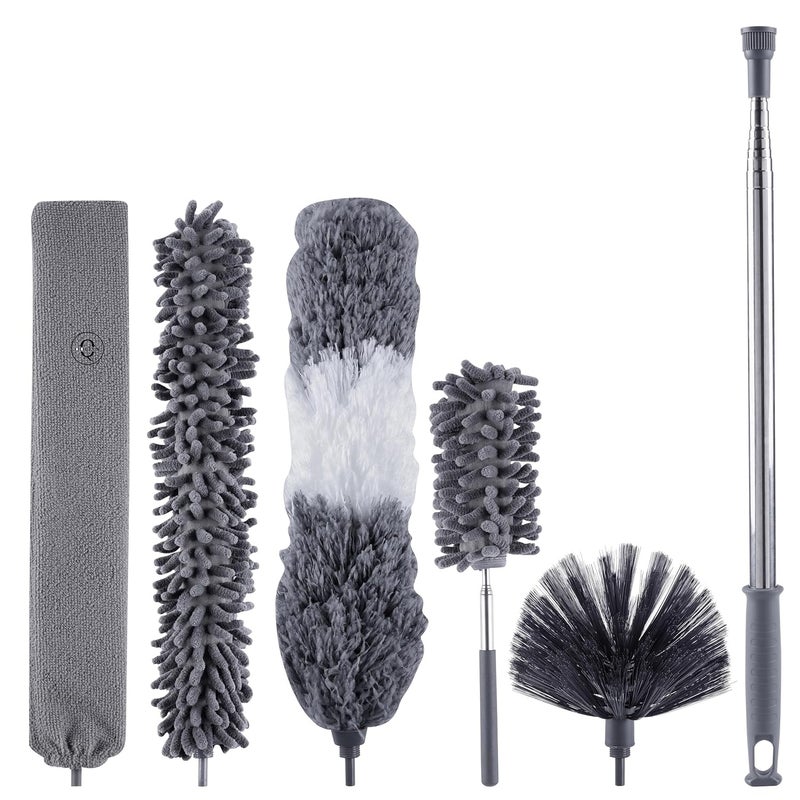 Qolixs 5PCS Microfiber Duster Feather Duster with 100 Inches Stainless Steel Extension Pole Reusable Bendable Washable Cobweb Dusters for Cleaning Furniture