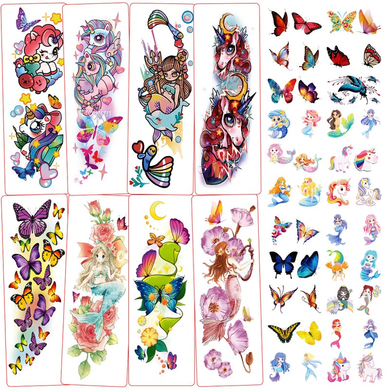 Metker Metker Kids Full Arm Temporary Tattoo Unicorn,Mermaid,Butterfly 76 PCS Large Fake Sleeve Waterproof Tattoo Stickers for Children,Party Supplies for Boys,Girls Goody Bag Stuffers Party Bag Fillers