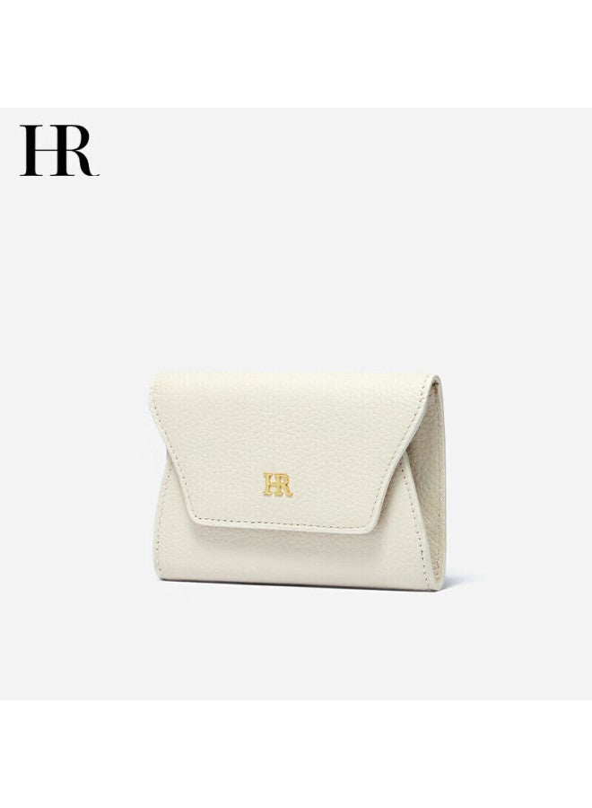 Hr Women's Handbag, Card Holder, Litchi Pattern Cowhide Coin Purse, Compact Card Case, Gift Box Packaging, Beige - Image 2