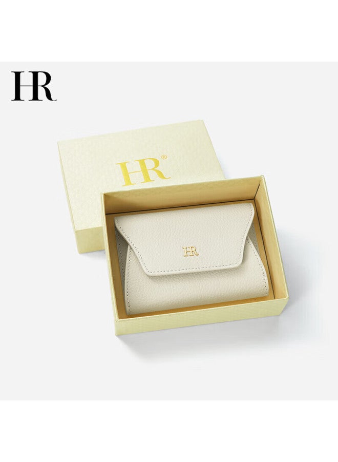 Hr Women's Handbag, Card Holder, Litchi Pattern Cowhide Coin Purse, Compact Card Case, Gift Box Packaging, Beige - Image 1