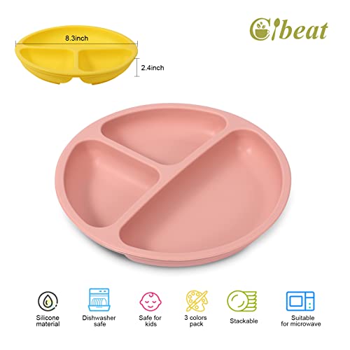 Cibeat Toddler Plates 3 Pack, 100% Silicone Suction Plates for Babies and Toddlers, Microwave and Dishwasher Safe, BPA Free, Divided Design, Pink & Yellow & Purple - Image 2