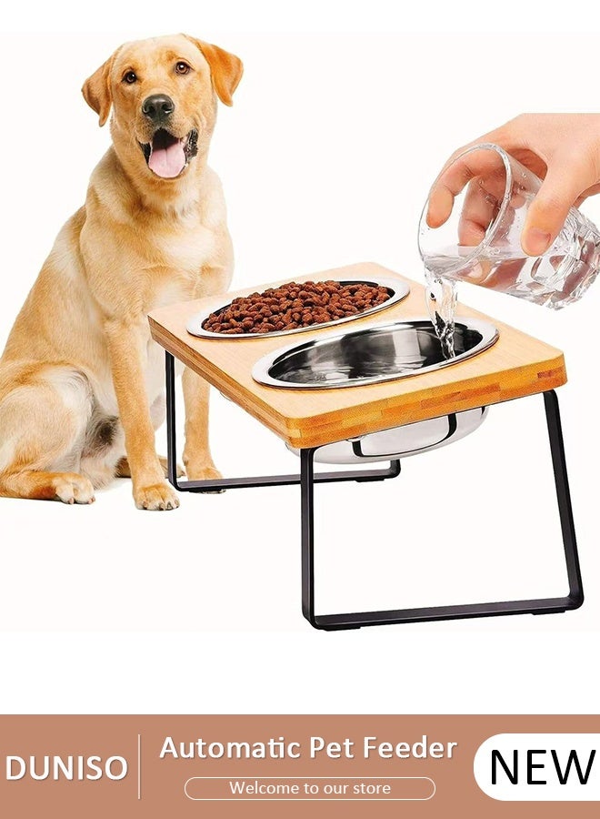 DUNISO Elevated Double Cat Bowls,Tilted Raised Cat Food Bowls for Food and Water,2 Stainless Steel Cats Food Bowl with Bamboo Stand Anti-Slip Pads  Feeding Station for Cats and Dogs - Image 1
