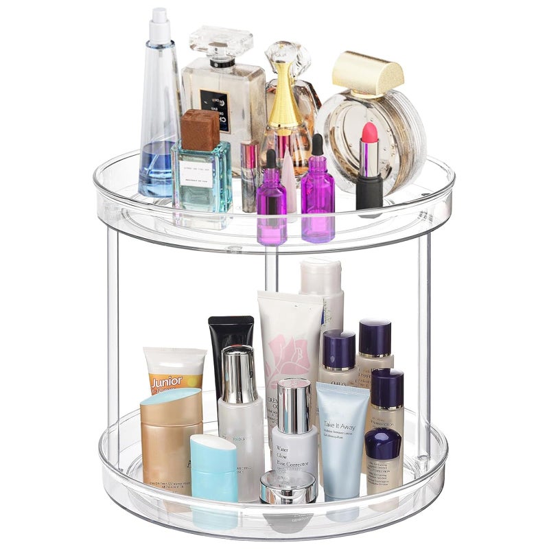 URALFA 2 Tier Lazy Susan Turntable for Cabinet, 9 Inch Turntable Organizer Clear Tiered Lazy Susan Organizer, 360 Rotating Bathroom Organizer Spinner Organizer for Kitchen, Pantry, Counter, Sink - Image 1