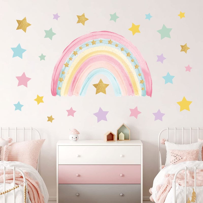 Supzone Large Rainbow Wall Stickers Boho Rainbow Wall Decal Colorful Stars Vinyl Wall Art Sticker for Girls Room Kids Baby Nursery Bedroom Living Room Playroom Classroom Wall Decor