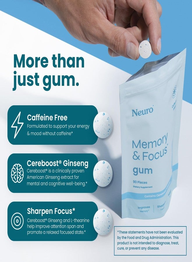 Neuro Memory & Focus Gum - Nootropic Gum with Vitamin B12, Vitamin B6, L-Theanine & Ginseng Extract - Natural Brain Support Supplement - Vegan, Caffeine & Sugar Free Chews - Peppermint, 90 ct - Image 3