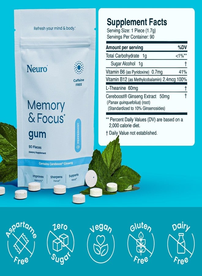 Neuro Memory & Focus Gum - Nootropic Gum with Vitamin B12, Vitamin B6, L-Theanine & Ginseng Extract - Natural Brain Support Supplement - Vegan, Caffeine & Sugar Free Chews - Peppermint, 90 ct - Image 4