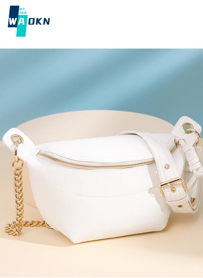 WAOKN - Women's Retro Fashion Chain Crossbody Bag, Ladies Chain Chest Bag Waist Bag Belt Bag, PU Leather Solid Color Shoulder Bag Handbag Sling Bag Side Bag Carry Bag(White) - Image 1
