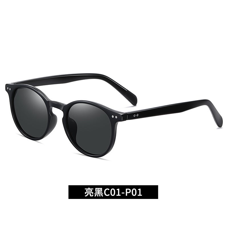 Generic Vintage Polarized Sunglasses TR3331 Unisex Round Frame Bright Black C01-P01 