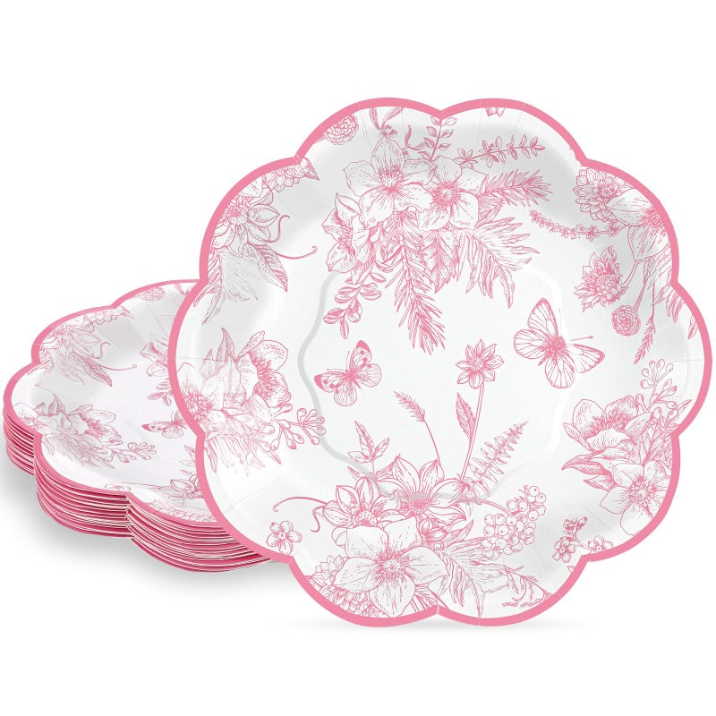 NatNarr 30 Pcs Pink Floral Paper Plates, 7 inch Tea Party Plates Vintage Flower Toile Plate Pink and White Dessert Plate Disposable for Easter Baby Bridal Shower Mother's Day Birthday - Image 1