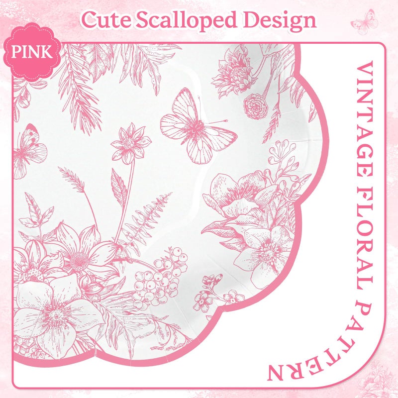 NatNarr 30 Pcs Pink Floral Paper Plates, 7 inch Tea Party Plates Vintage Flower Toile Plate Pink and White Dessert Plate Disposable for Easter Baby Bridal Shower Mother's Day Birthday - Image 3