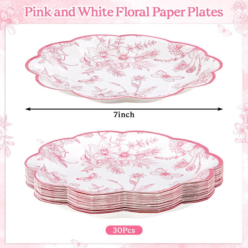 NatNarr 30 Pcs Pink Floral Paper Plates, 7 inch Tea Party Plates Vintage Flower Toile Plate Pink and White Dessert Plate Disposable for Easter Baby Bridal Shower Mother's Day Birthday - Image 2