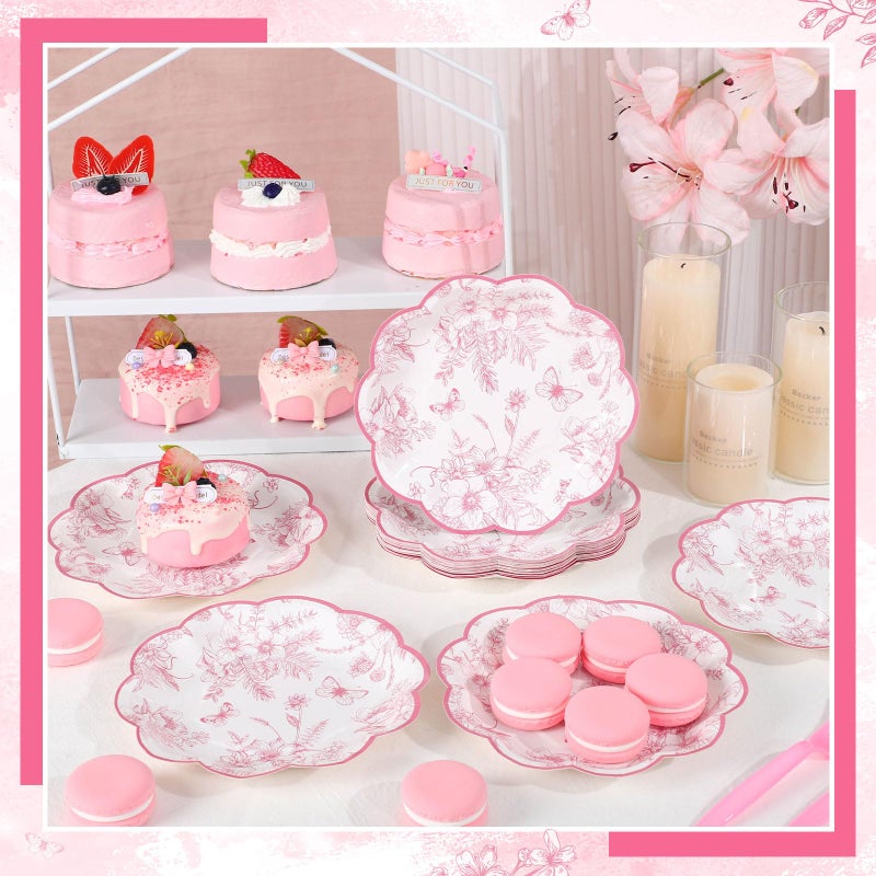 NatNarr 30 Pcs Pink Floral Paper Plates, 7 inch Tea Party Plates Vintage Flower Toile Plate Pink and White Dessert Plate Disposable for Easter Baby Bridal Shower Mother's Day Birthday - Image 5