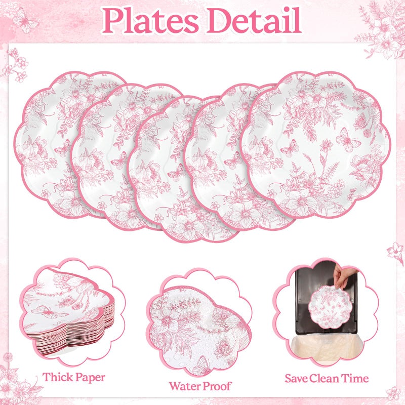 NatNarr 30 Pcs Pink Floral Paper Plates, 7 inch Tea Party Plates Vintage Flower Toile Plate Pink and White Dessert Plate Disposable for Easter Baby Bridal Shower Mother's Day Birthday - Image 4