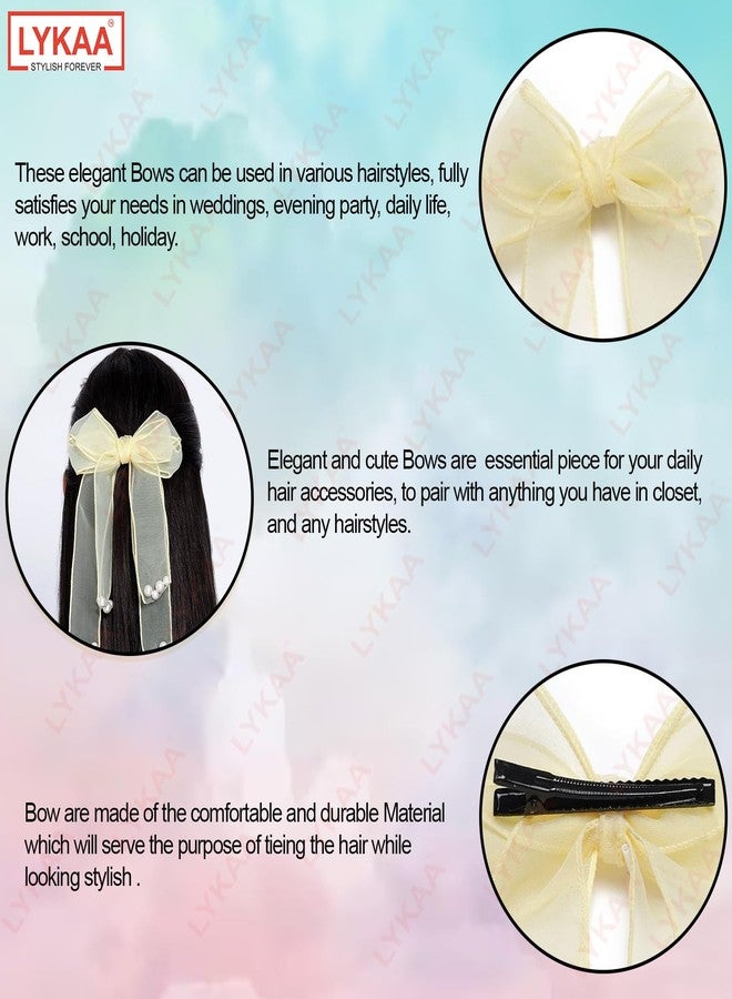 LYKAA Stylish Hair Ribbon Pearl Bow For Women Girls Kids, French Style Barrettes Princess Big Layered Hair Clips Tie for Thick or Thin Anti Fall Hair Accessories - Pack of 1 (Yellow) - Image 3