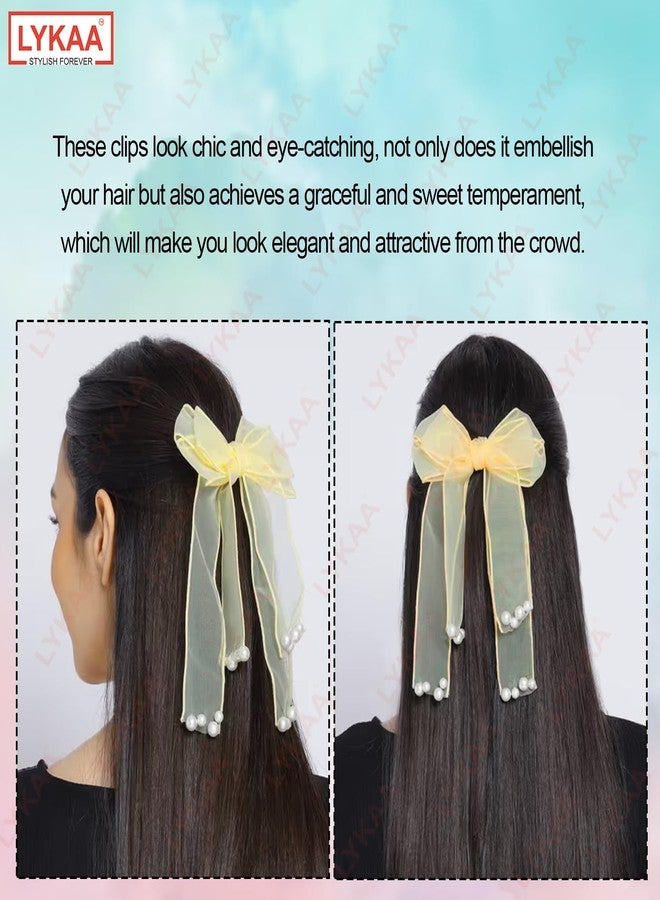 LYKAA Stylish Hair Ribbon Pearl Bow For Women Girls Kids, French Style Barrettes Princess Big Layered Hair Clips Tie for Thick or Thin Anti Fall Hair Accessories - Pack of 1 (Yellow) - Image 4