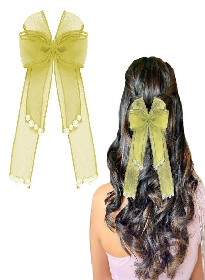 LYKAA Stylish Hair Ribbon Pearl Bow For Women Girls Kids, French Style Barrettes Princess Big Layered Hair Clips Tie for Thick or Thin Anti Fall Hair Accessories - Pack of 1 (Yellow) - Image 1