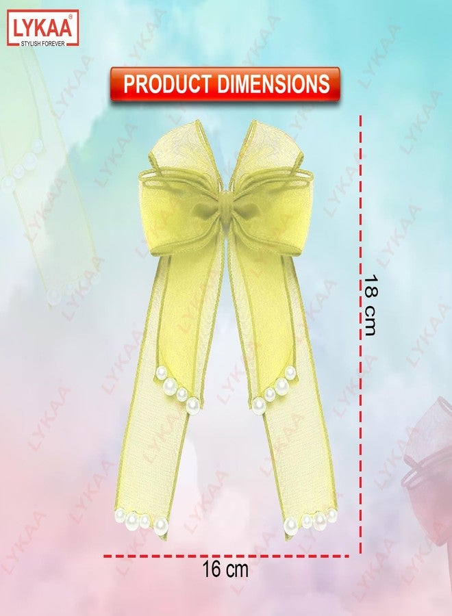 LYKAA Stylish Hair Ribbon Pearl Bow For Women Girls Kids, French Style Barrettes Princess Big Layered Hair Clips Tie for Thick or Thin Anti Fall Hair Accessories - Pack of 1 (Yellow) - Image 2