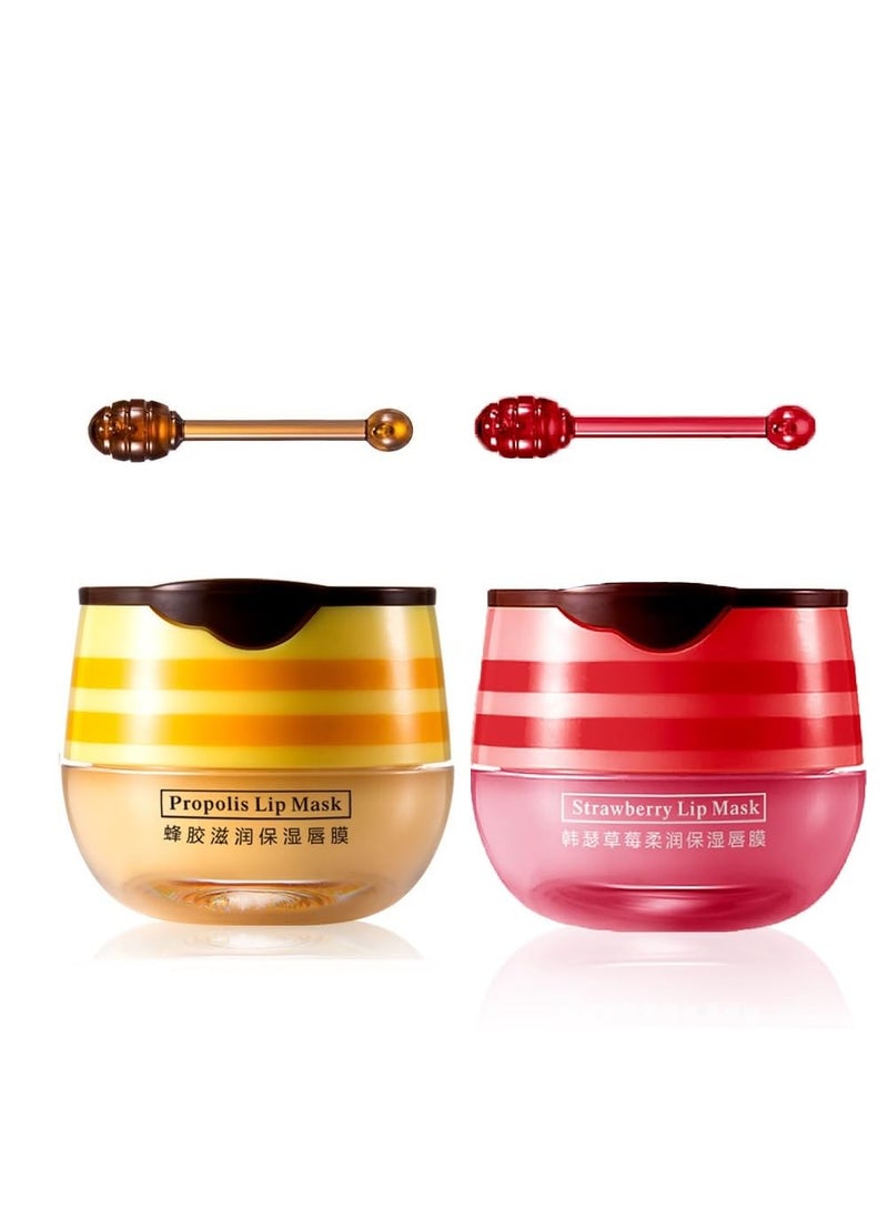 wenfeng 2 Pcs Bee Lip Balm Honey PotHoney  Strawberry Lip Mask Propolis Moisturizing Lip Balm with StickPrevention Dry and Cracked Lip ScrubsExfoliator Lip Wrinkle Skin Care Products 