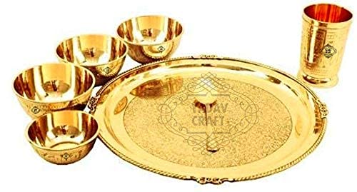 Yadav craft Brass Thali Set | Dinner Set of Seven, Thali Set for Gifting Diwali Spacial, 7 Pieces- 1 thali, 4 Bowl,1 Glass, 1 Spoon - Image 4