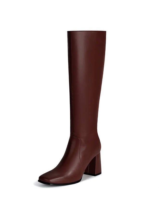 Vipost 3.35-inch Square Toe Knee High Boots for Women, Chunky Block Heel Tall Boots for Women with Side Zipper, Fashion Comfortable Long Fall Winter Boot 2025, Wine, 8 - Image 1