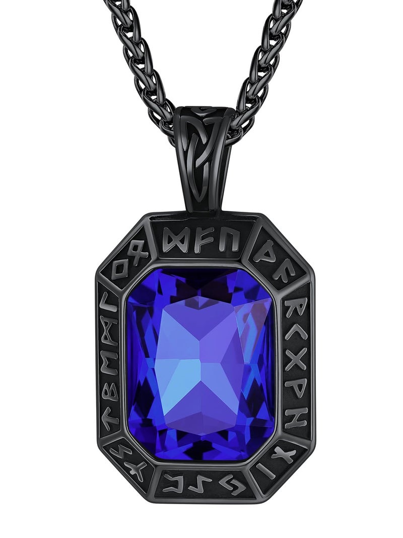 ChainsHouse Onyx Viking Runes Necklace with Wheat Neck Chains Black Stainless Steel Nordic Rune Charms Blue Stone Pendants Necklace for Men - Image 1