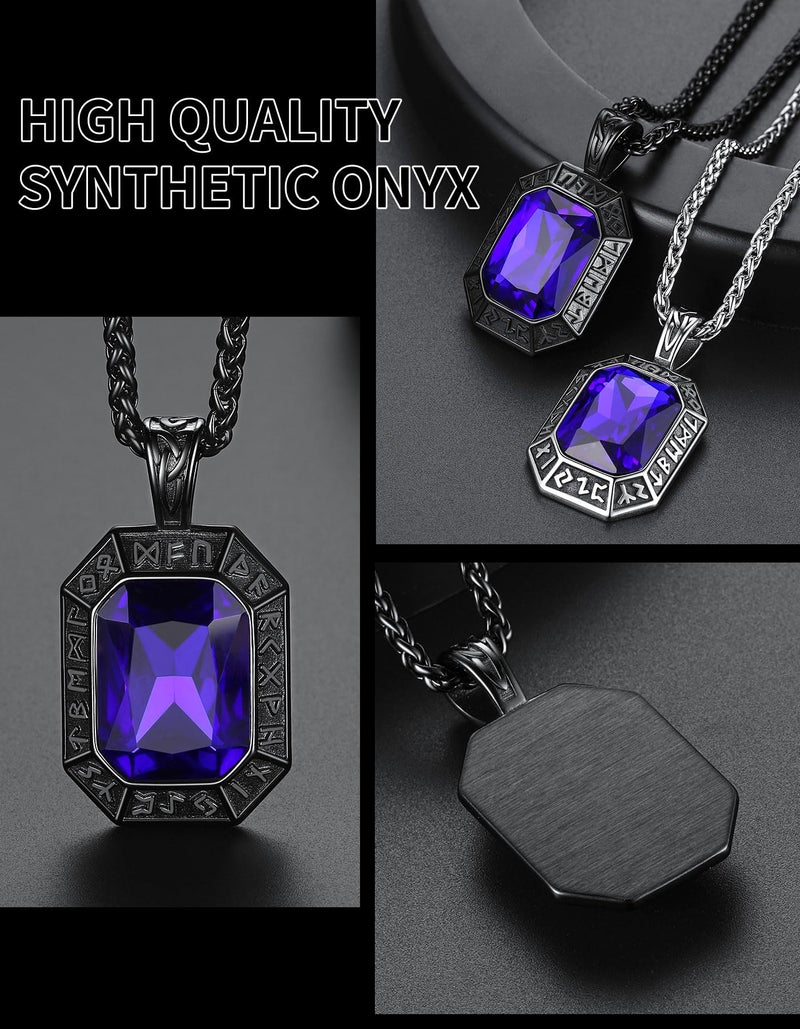 ChainsHouse Onyx Viking Runes Necklace with Wheat Neck Chains Black Stainless Steel Nordic Rune Charms Blue Stone Pendants Necklace for Men - Image 5