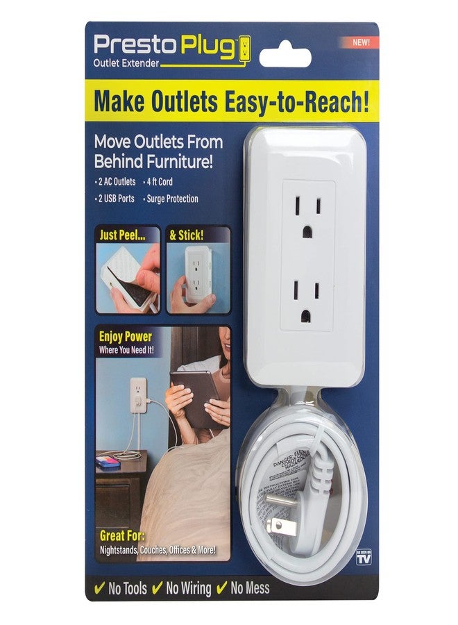 Ontel Presto Plug Outlet Extender for Relocating Unreachable Power Outlets, 4ft Cord, Sticks Easily on Wall, Provides Surge Protection, 2 AC Outlets, 2 USB Ports & Built-in Shelf - Image 1