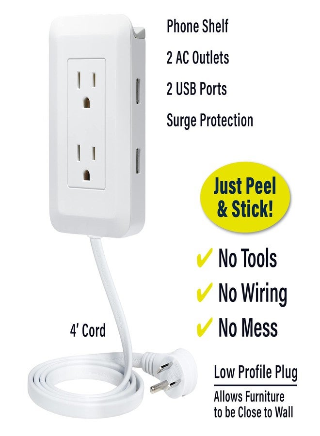 Ontel Presto Plug Outlet Extender for Relocating Unreachable Power Outlets, 4ft Cord, Sticks Easily on Wall, Provides Surge Protection, 2 AC Outlets, 2 USB Ports & Built-in Shelf - Image 3