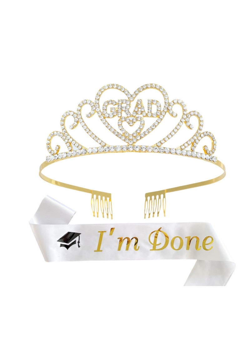 xppier Graduation Satin Sash Crown Kit,Glittered Metal Graduation Princess Grad Crown, Great Gifts for Graduation Party Decorations Grad Decor Favors(White Sash, Gold Crown)  - Image 2