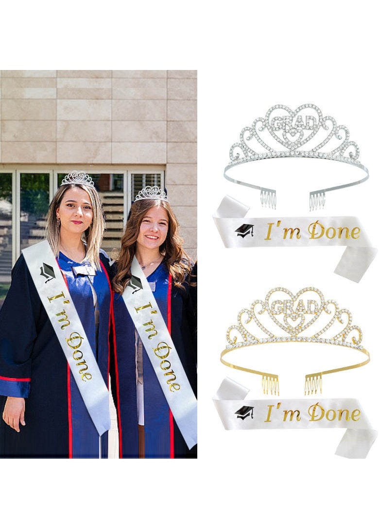 xppier Graduation Satin Sash Crown Kit,Glittered Metal Graduation Princess Grad Crown, Great Gifts for Graduation Party Decorations Grad Decor Favors(White Sash, Gold Crown)  - Image 1