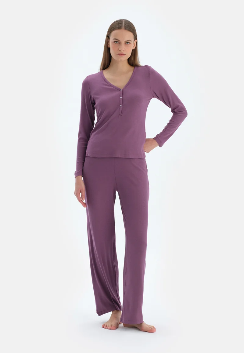 dagi Regular/Classic Fit T-shirt & Trousers Pajama Sets V Neck Viscose Blend Sleepwear