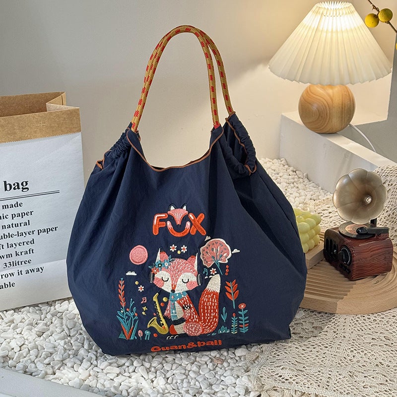New Style Summer Japanese Style Cartoon Embroidered Nylon Shopping Bag Simple Cute All-Match Street Fried Portable Shoulder Bag Women'S Trendy - Image 3