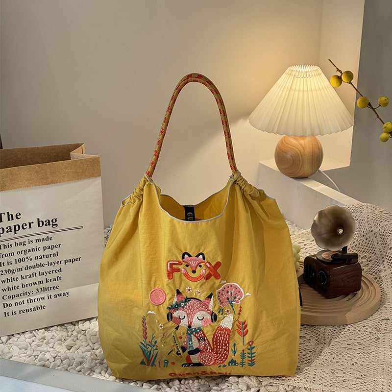 New Style Summer Japanese Style Cartoon Embroidered Nylon Shopping Bag Simple Cute All-Match Street Fried Portable Shoulder Bag Women'S Trendy - Image 4